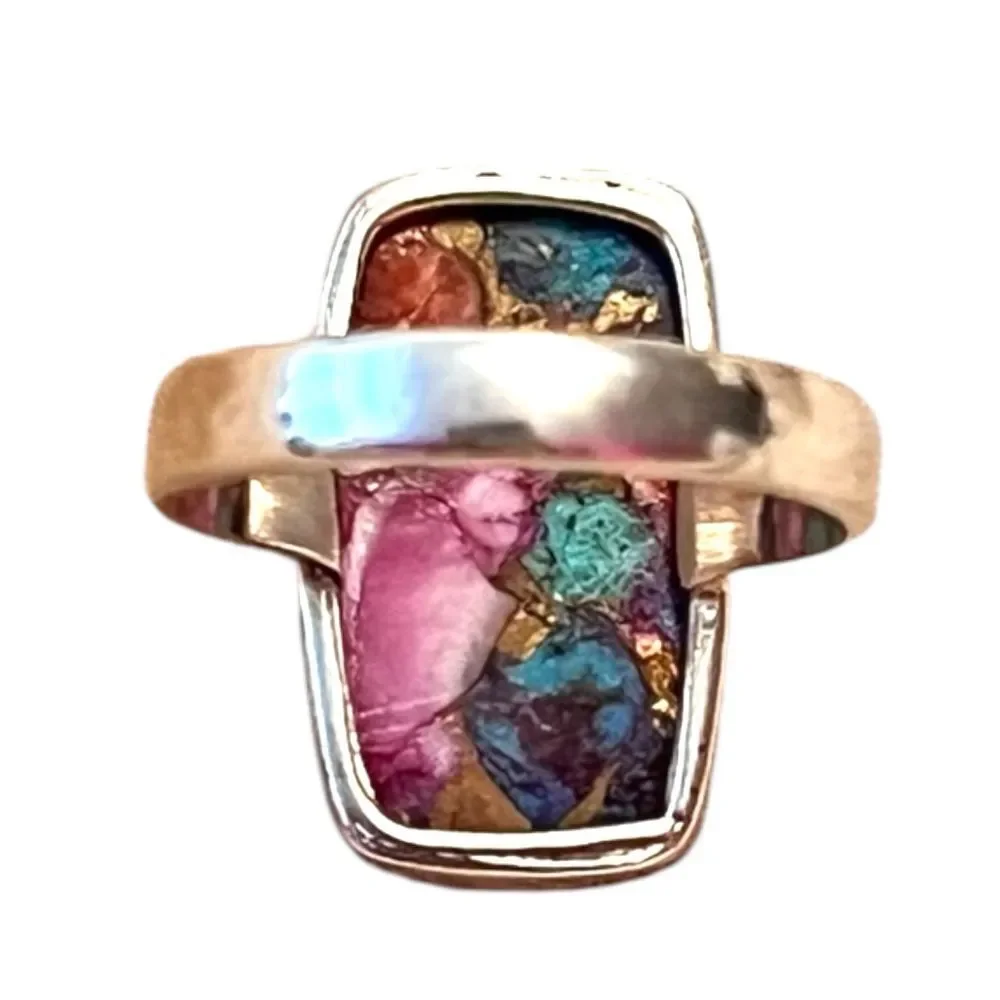 925 Sterling Silver Pink Dahlia Blue Turquoise Copper Inlaid Ring Size 7